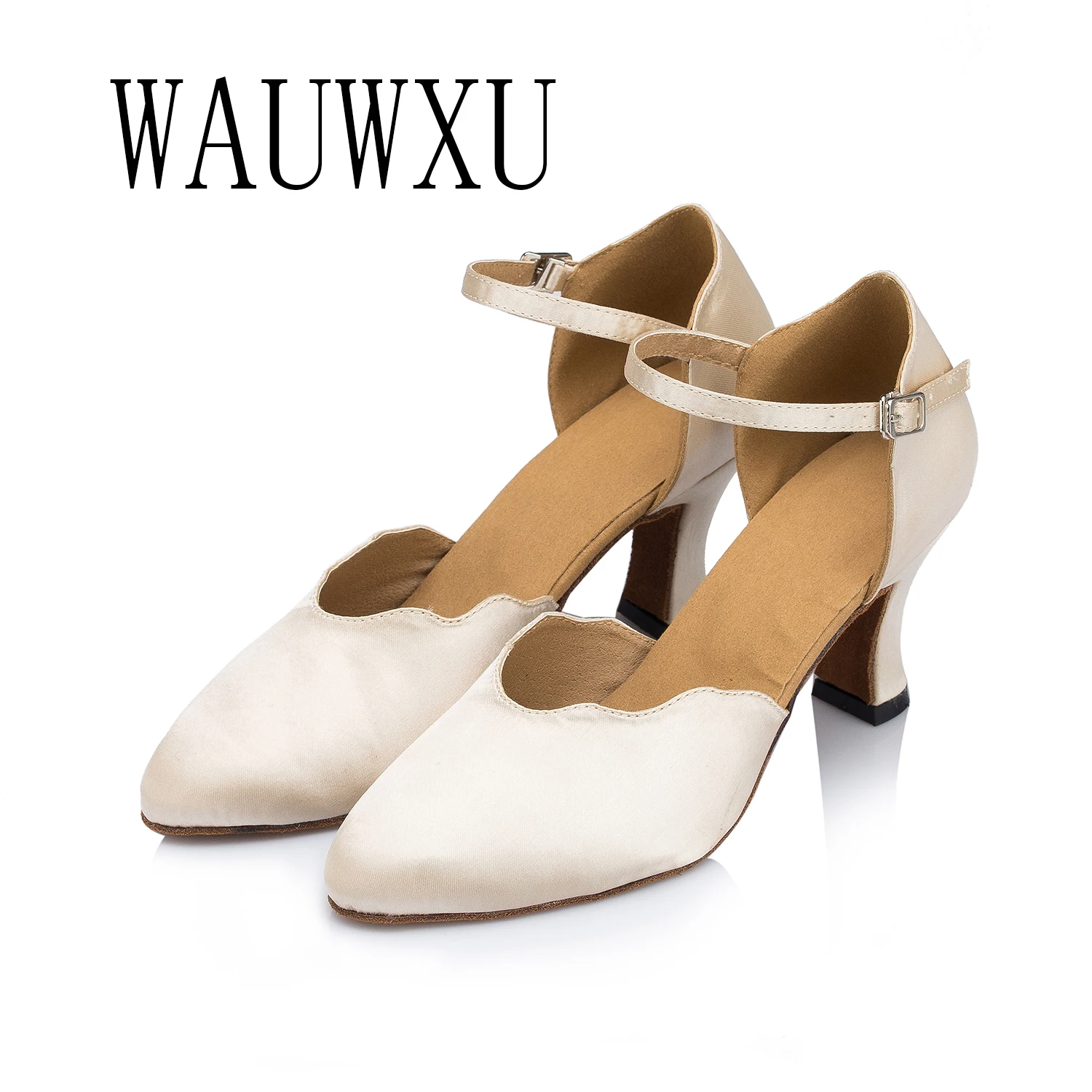 NATASHA2023 Women's Adult Medium Heel 7.0 Off White Satin Friendship Dance Soft Sole Dance Shoes 2