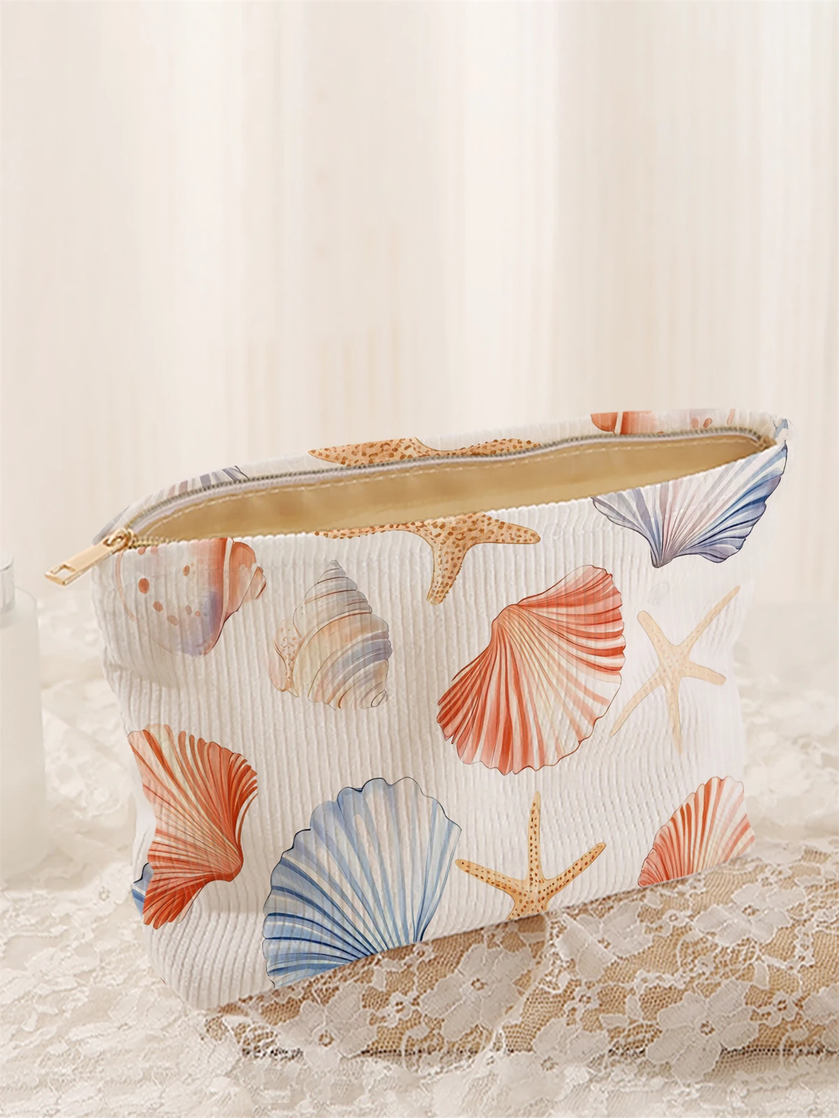 Ocean shell patterned corduroy makeup bag, lightweight zipper makeup storage box, multifunctional bag with lining