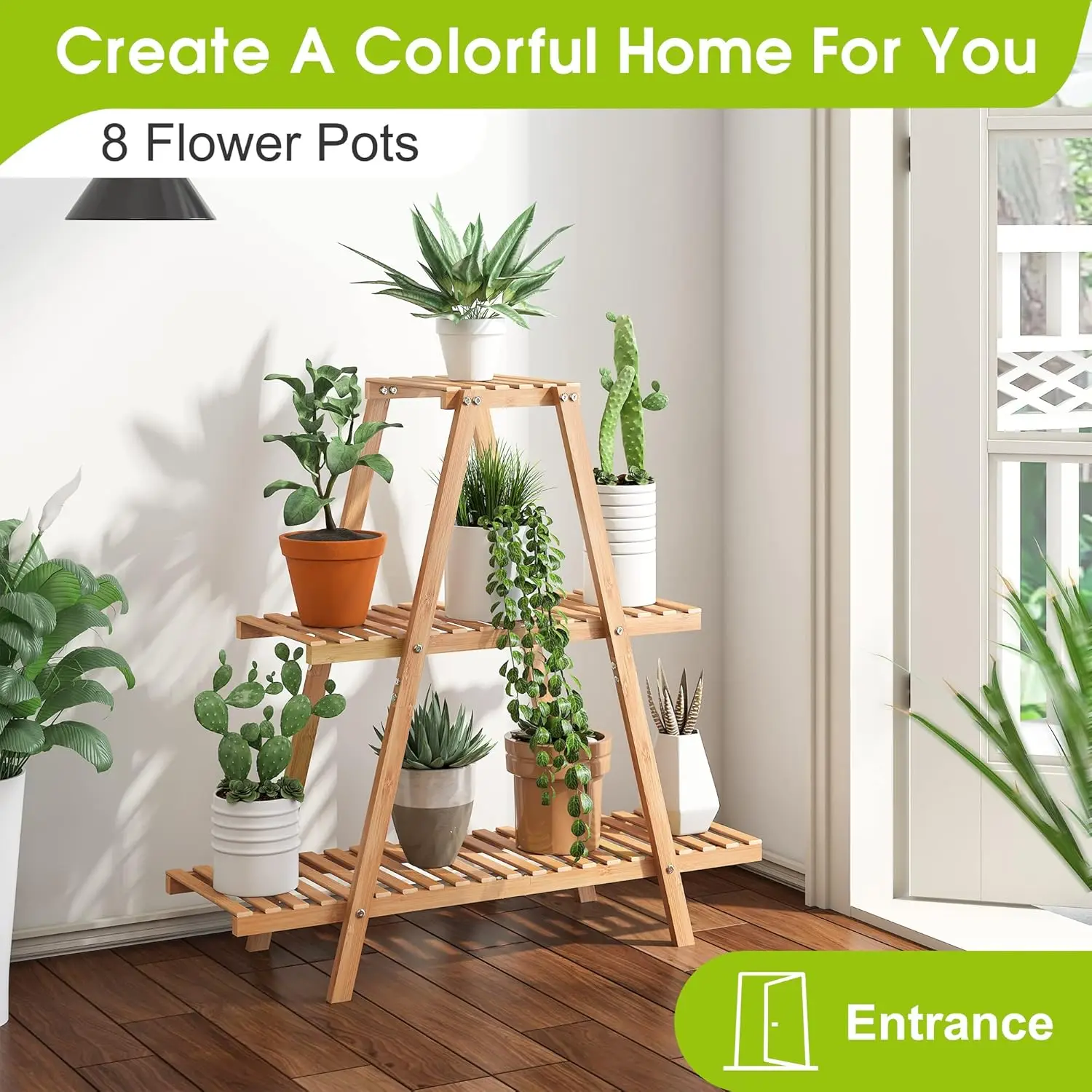 Plant Stand Bamboo for Indoor Outdoor Tiered Plant Shelf 8 Potted Flower Holder Ladder Rack Garden Balcony Living Room Patio 3