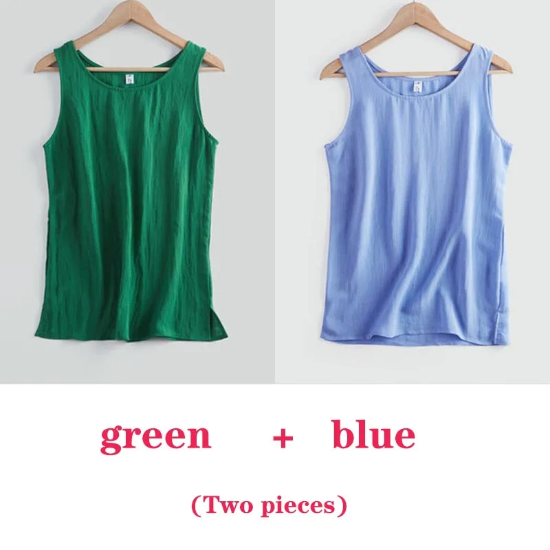 Women Tanks Camis Cotton and Linen Women's Shirt Summer Top O Neck Green Solid Color Loose Sleeveless Blouse Tops Women 2022 green cami Tanks & Camis