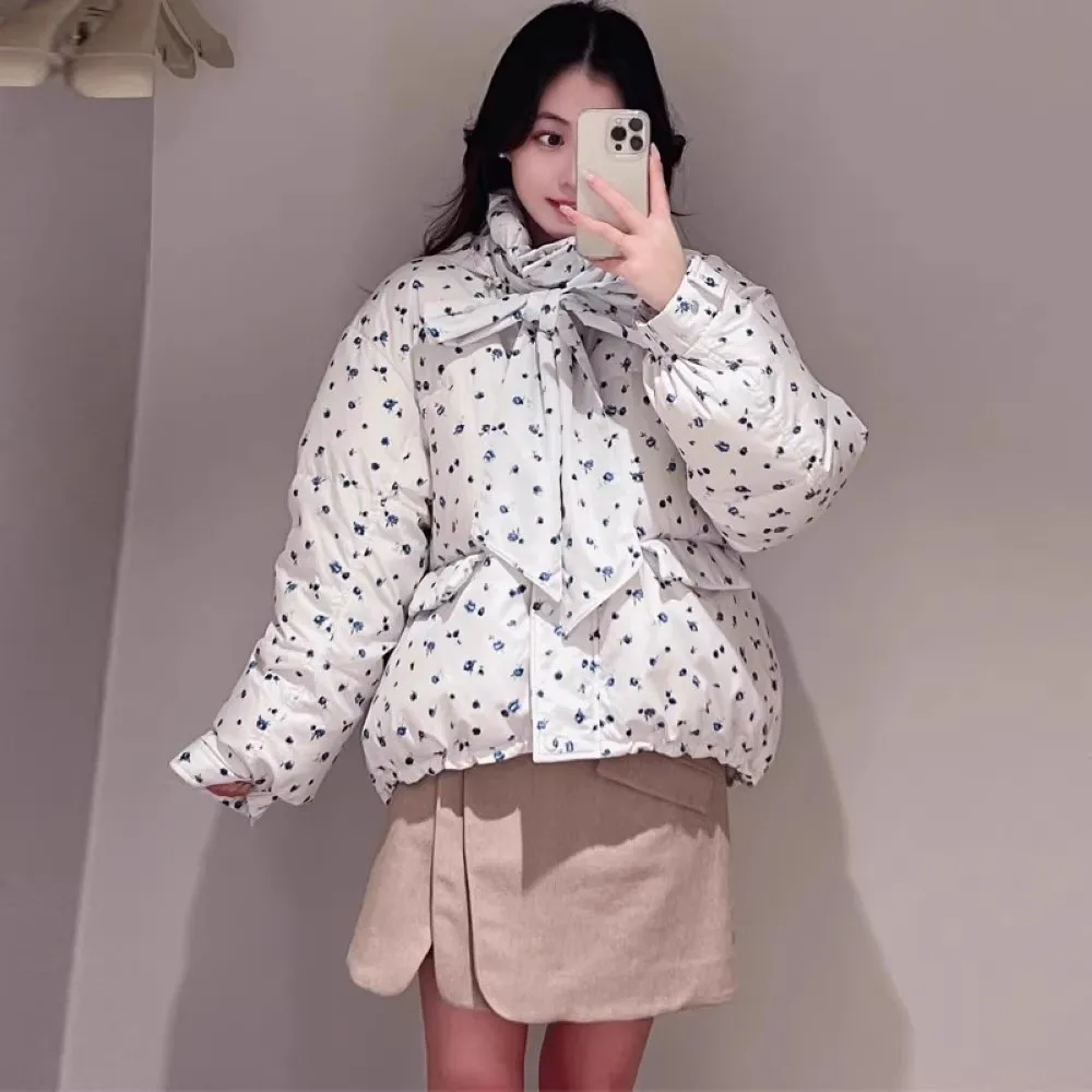 Japanese Style Solid Color All-Match Loose Pockets Short Hooded Down Coat Winter Fashion Long Sleep Bow Lace-up Down Jacket