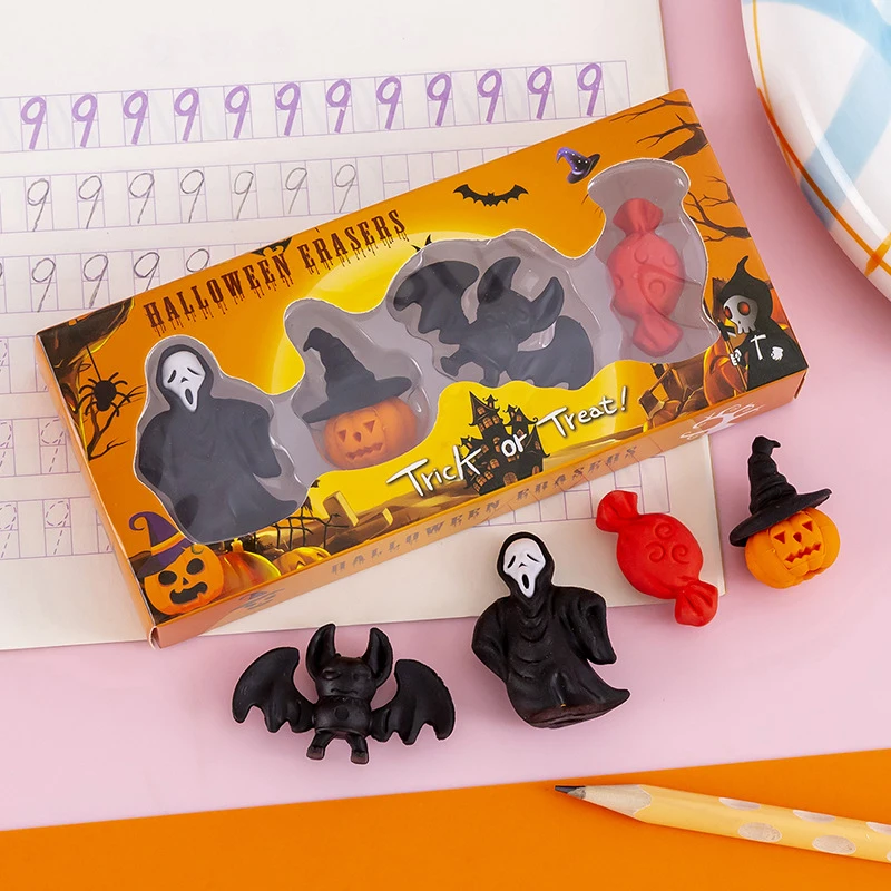 

4pcs/box Creative Mini Cartoon Erasers Soft Durable Pencil Halloween Erasers Kids Students School Funny Stationery Supplies