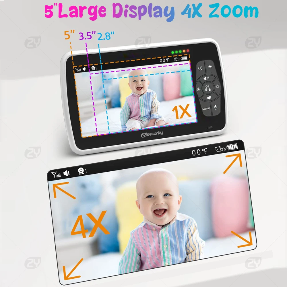 5인치 동영상 베이비 모니터 카메라 포함 팬-틸트-줌 보모 베이비 카메라 양방향 오디오 나이트 비전 베이비시터 모니터 소리 및 온도 알람 22시간 배터리  전화
