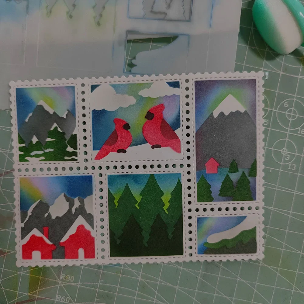 Metal Cutting Dies Snowy Postage Collage Stencil for Card Making A6 A7 Slimline Winter Postage Clear stamp