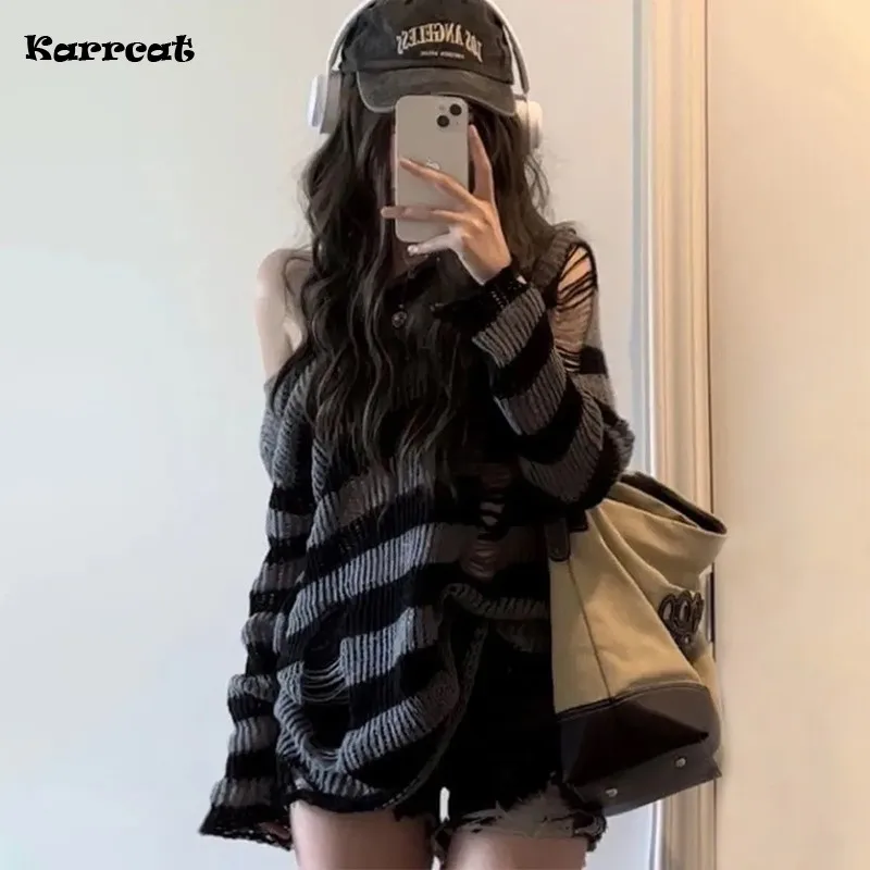 Karrcat Gothic Streetwear Striped Knitted Sweater Women Harajuku Punk Hollow Out Jumper Hole Loose All-match Tops Grunge E-girl