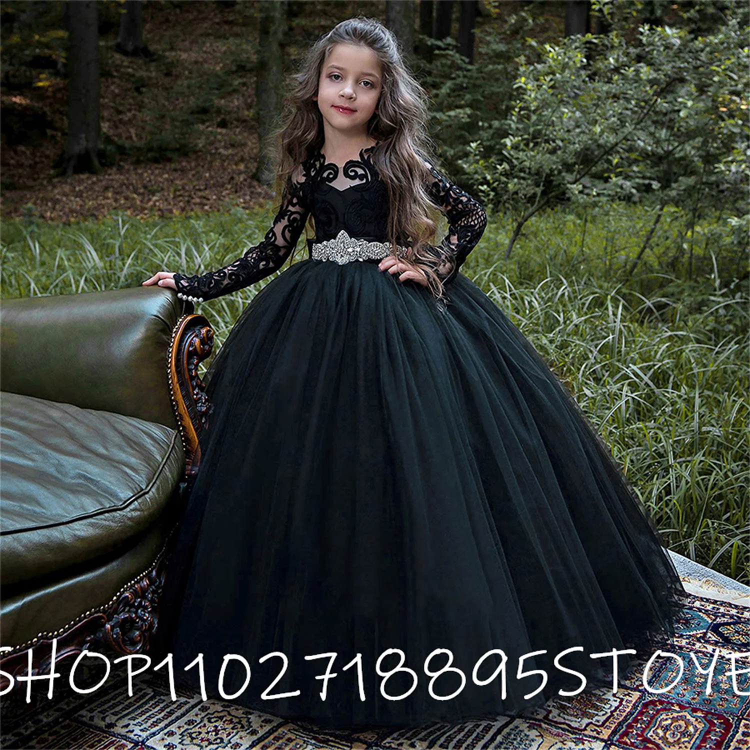 

Flower Girl Dress for Kids Tulle Wedding Birthday Long Sleeve Lace Ball Gown Elegant First Communion Dress with Crystal Belt