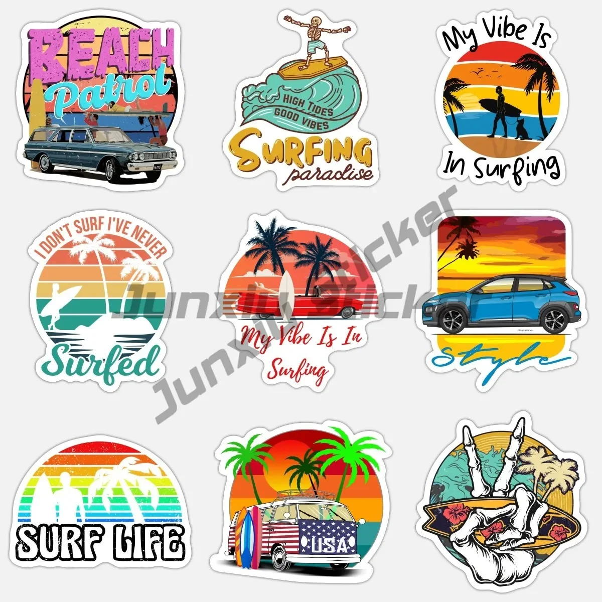 

Style Beach Patrol Vintage Car Surfing Sunset Sticker and United States Beach My Vibe Is in Surfing and I Dont Surf Ive Never