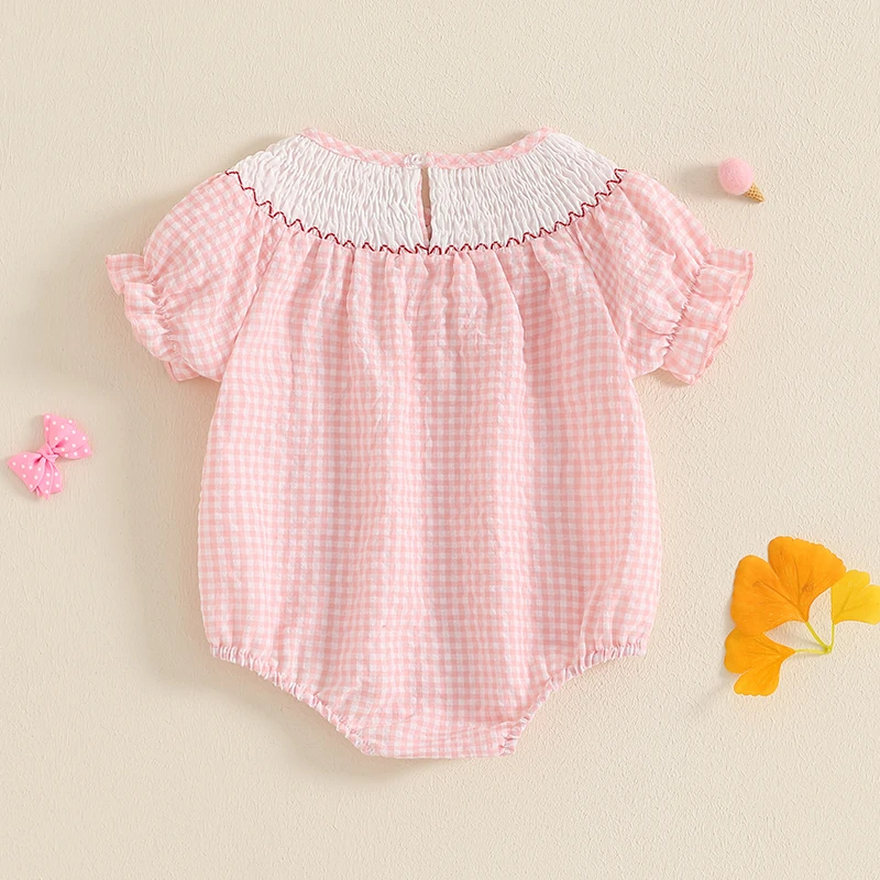 Toddler Baby Girl Clothes Summer Smocked Romper Bow Embroidery Bubble Short Sleeve Cute Bodysuit Outfits 3