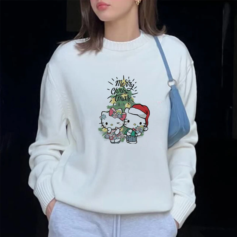 Sanrio Hello Kitty Print Knitted Pullovers For Female Round Neck Kawaii Anime Harajuku Knitwear Clothes 2000s Top Women Pullover 5