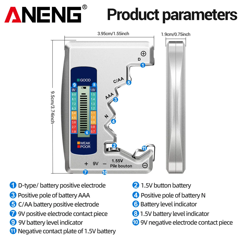 ANENG BT158 Lithium Battery Tester Digital Universal test AA AAA D N 9V 1.55V Button Cell Capacity Check load analyzer battery tester lithium battery tester