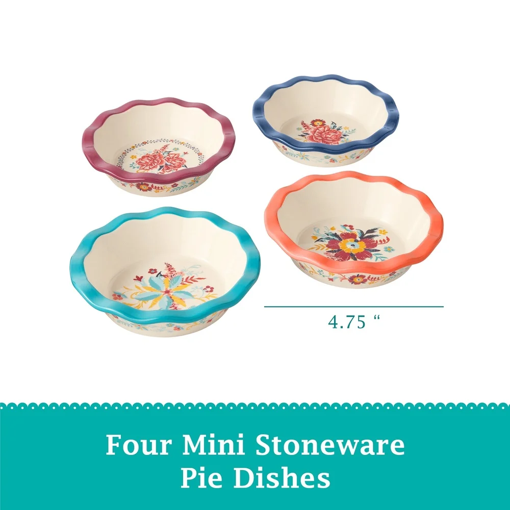 Set of 4 Durable Stoneware Mini Pie Pans with Floral Design & Ruffled Edges 5