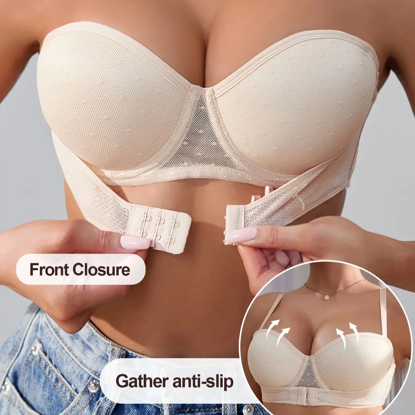 Front-fastening strapless bra with removable straps Back closure design ideal for off-the-shoulder and spaghetti-strap outfits