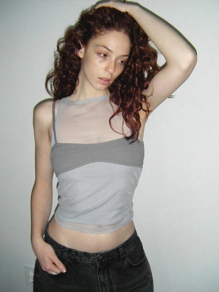 Nibber Fashion Tops 2 Piece Set Women Solid Skinny Camisole+Mesh Patchwork o-Neck Vests Street Trend Wild Style Sexy Outfits