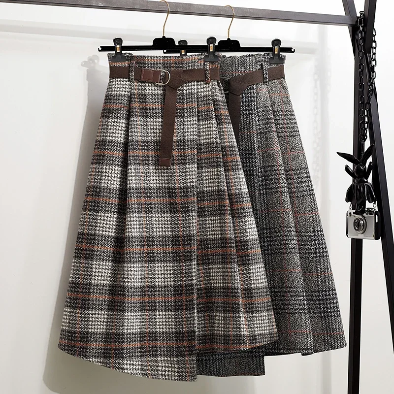 

Woolen Plaid Skirts Women A-line Ankle-length Empire Loose Autumn Winter All-match Irregular Thick Warm Vintage Chic Female Ins