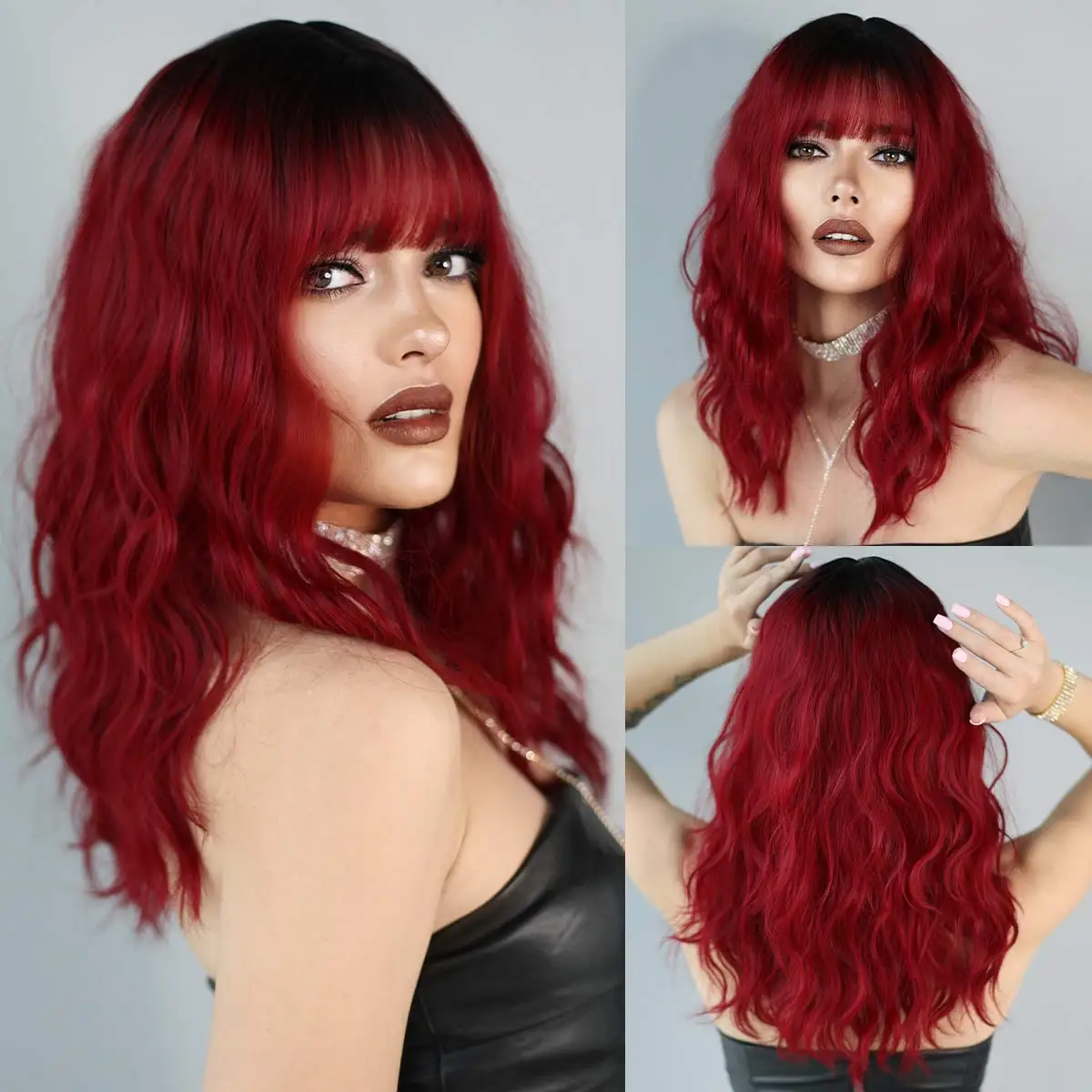 NAMM Synthetic Wig for Women with Bangs Halloween Cosplay Wig Water Wave Wine Red Hair Natural Heat Resistant Hair Wavy Wigs