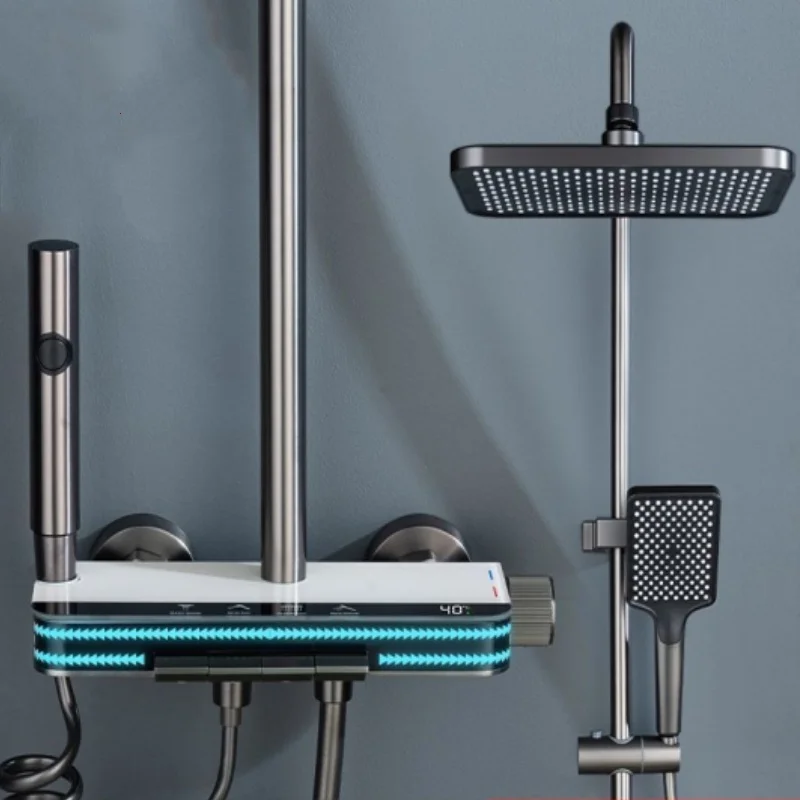 ร้อนเย็นอุณหภูมิดิจิตอลจอแสดงผลชุดฝักบัวอาบน้ําสีขาวก๊อกน้ําระบบชุด Ambient Light ห้องน้ําก๊อกน้ําหัวฝักบัว 1