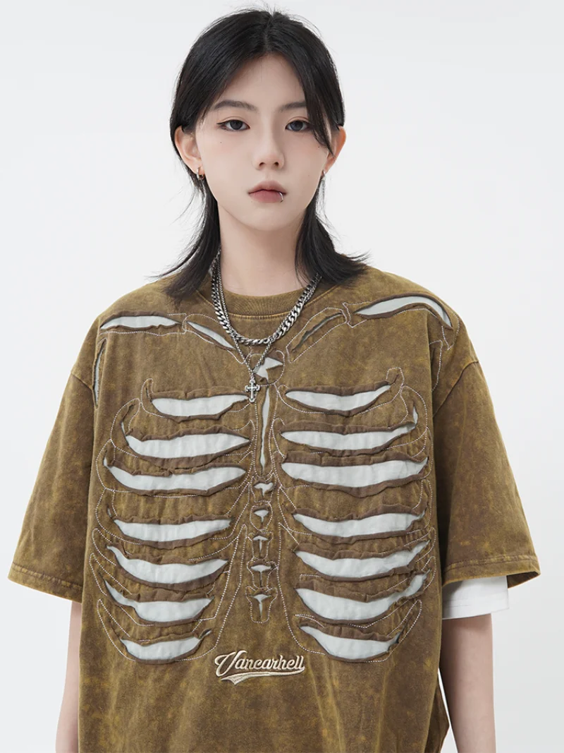 

American Chic Design Short Sleeve Women T Shirt Vintage Patchwork Contrast Color Unisex Distressed Loose Letter Print Top Mujer