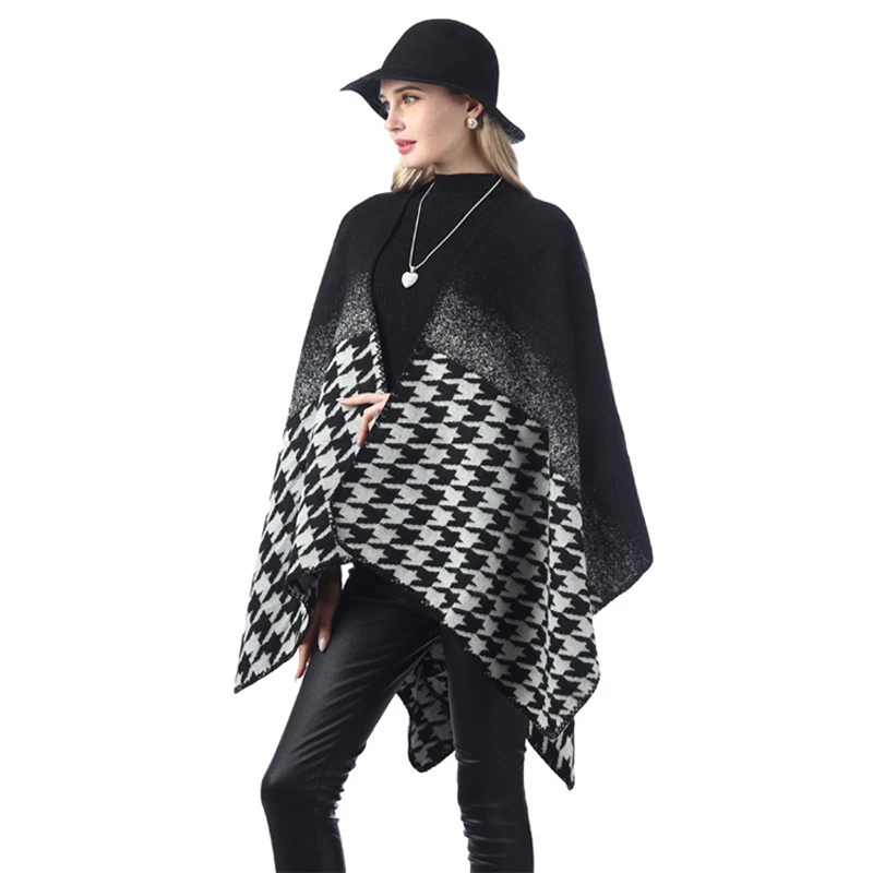 CHENKIO Women's Warm In Autumn and Winter Printed Open Front Poncho Cape Wrap Shawl Plaid Oversized Cardigan Blanket Long Shawl