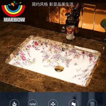 MAEBOW ศิลปะตกแต่งบ้านดอกไม้บานสี่เหลี่ยมผืนผ้าภายใต้เคาน์เตอร์อ่างล้างหน้าเซรามิคห้องน้ําอ่างล้างจาน 1