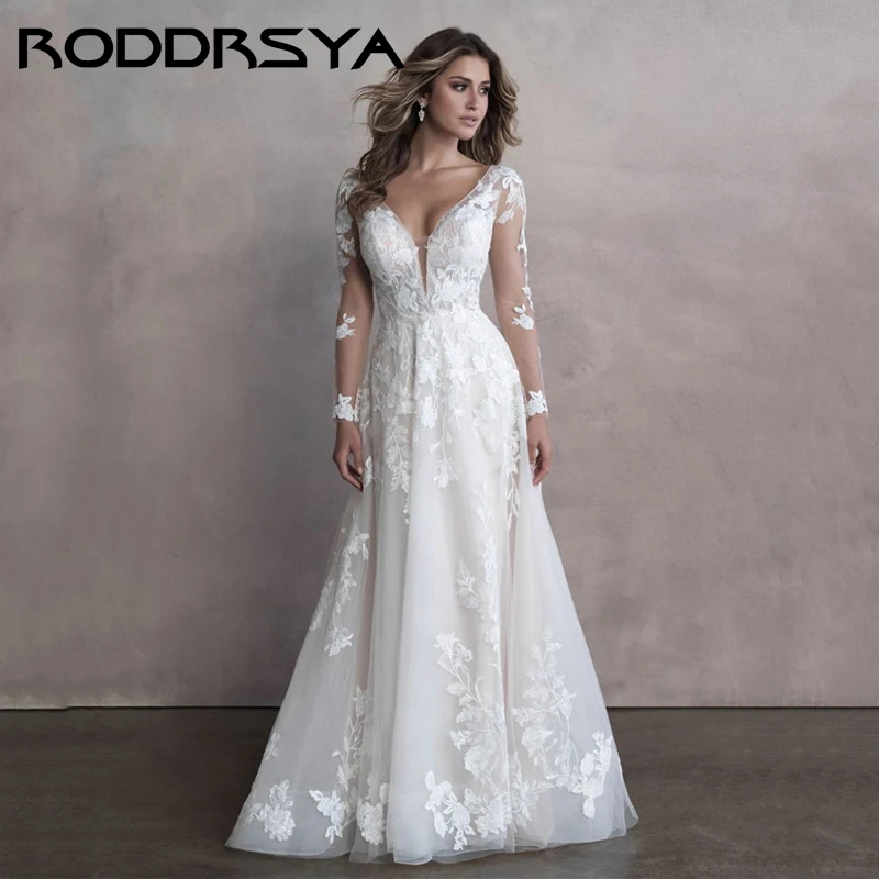 RODDRSYA 비치 웨딩드레스 2024 V 넥레이스 적용 웨딩드레스 긴팔 로맨틱 조끼 De Novia 단추 노출 등RODDRSYA 비치 웨딩 원피스, V넥 레이스 아플리케, 신부 가운, 긴 소매, 로맨틱 단