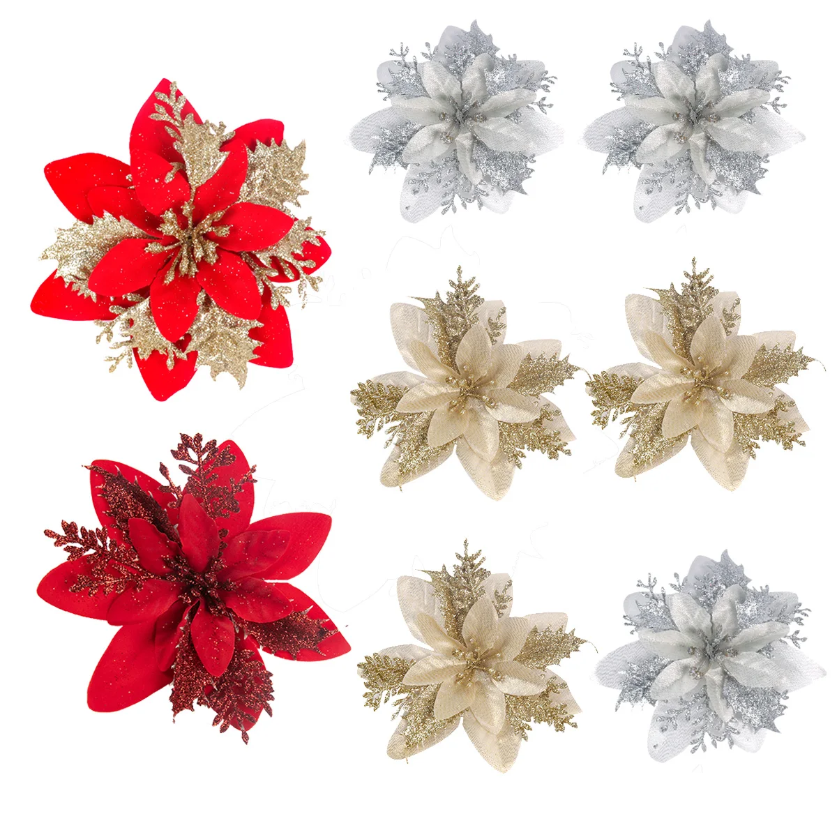 

10/5pcs Christmas Flower Glitter Gold Red Artificial Poinsettia Flower Head DIY Xmas Tree Ornament Decorations for Home New Year