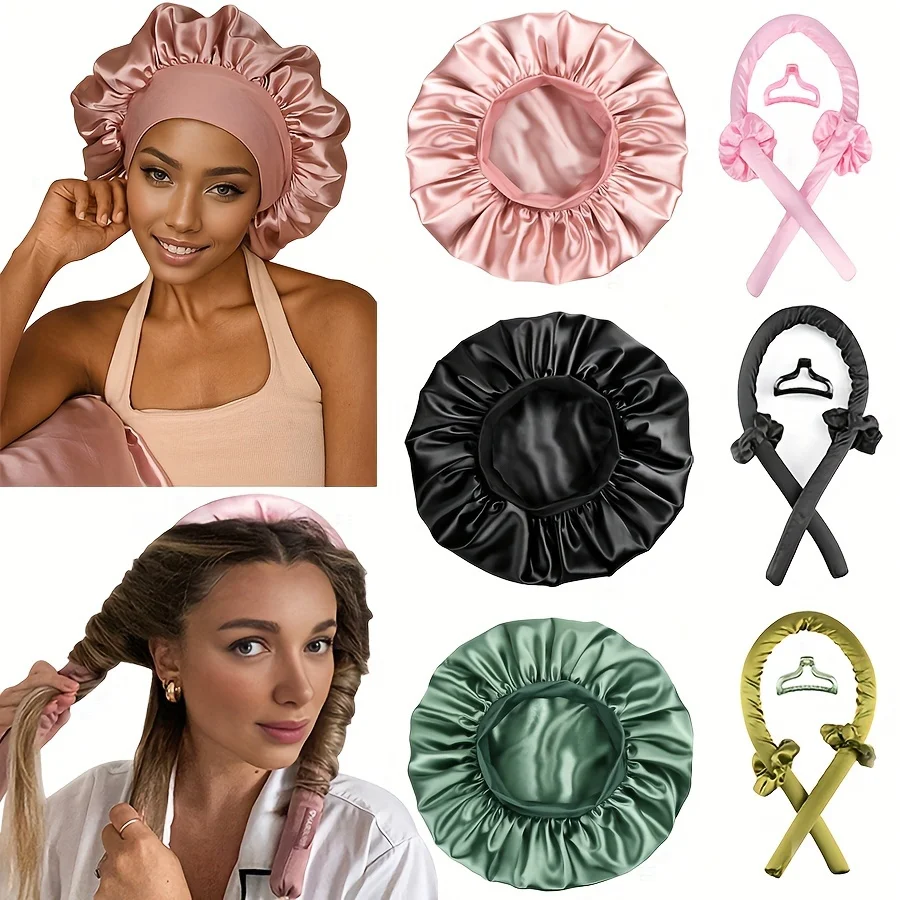 

No Heat Hair Curler And Satin Sleeping Cap Set, Heatless Hair Curling Headband, Hair Claw Clip, Hair Rings, Soft Sleeping Hat