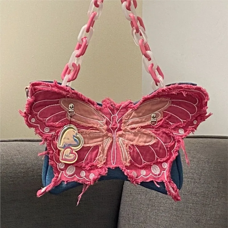 Denim Butterfly Color Block Ita Bag Women  Acrylic Large Capacity Chain Shoulder Bags Ladies Unique Shape Dopamine Underarm Bag