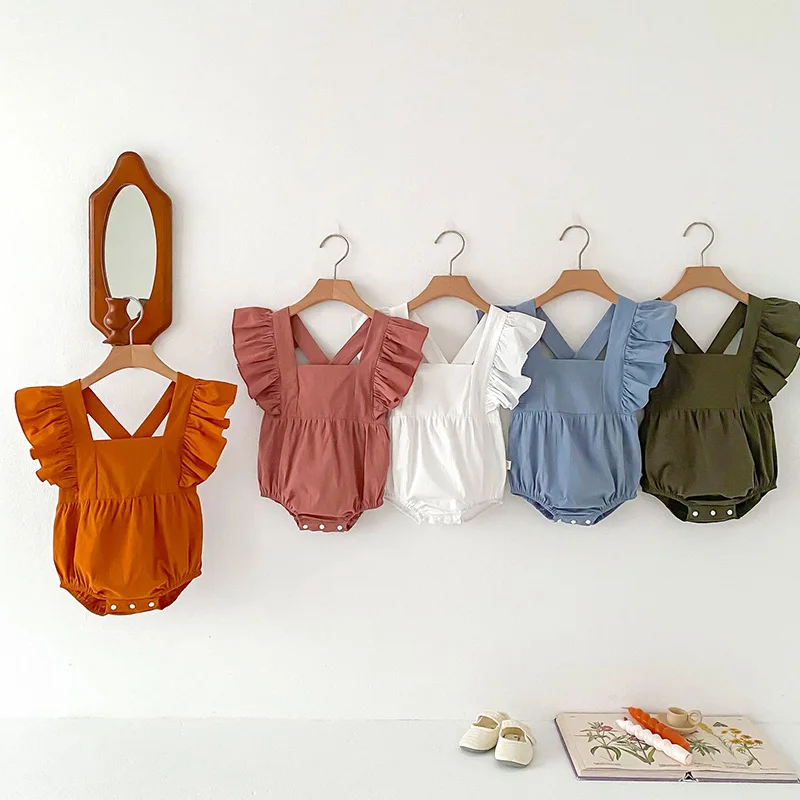 

2024 New Summer Toddler Baby Girls Jumpsuit Flying Sleeve Cotton Solid Color Newborn Baby Girls Romper 0-24M Children Clothes