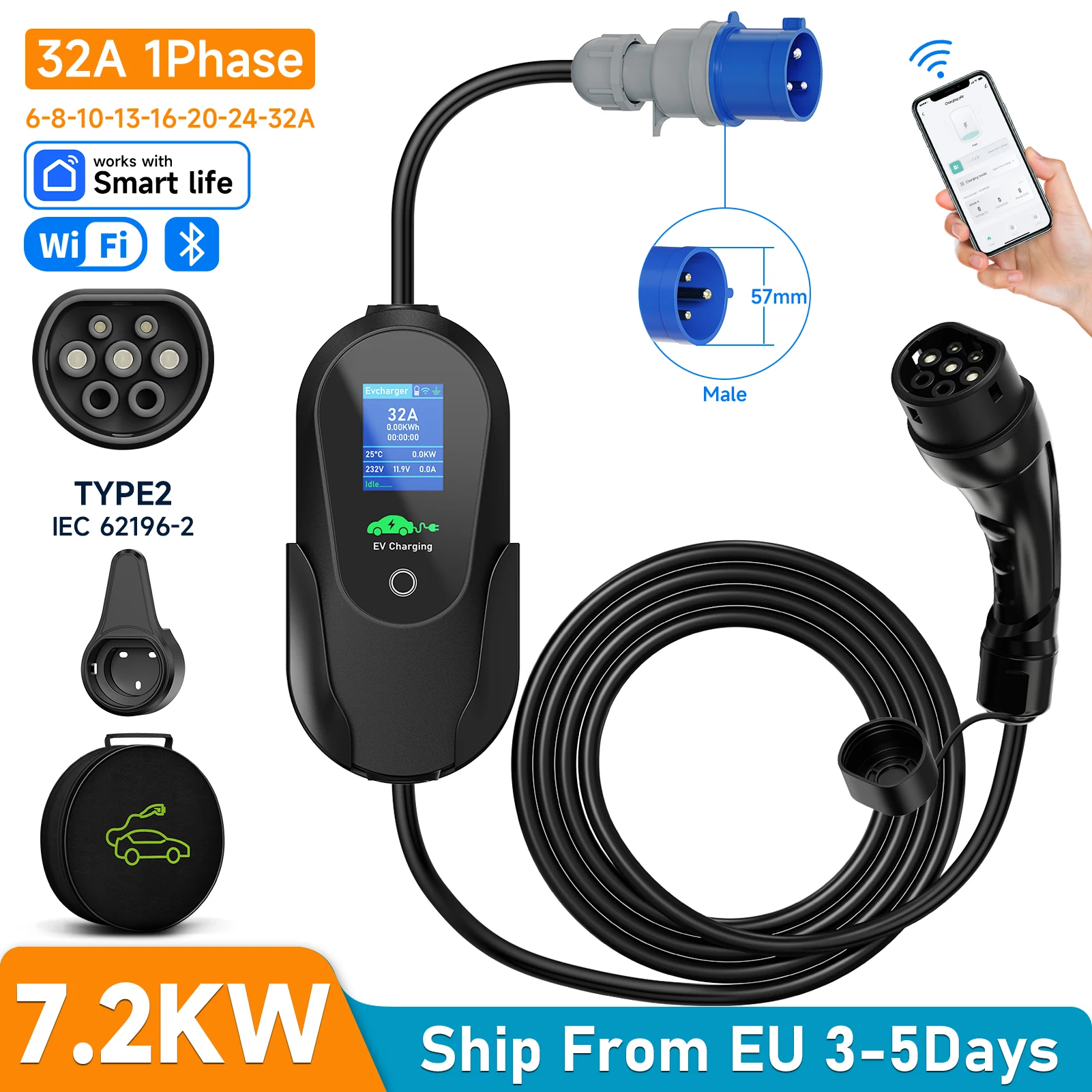 Cargador Portátil para Vehículos Eléctricos AFEEV Tipo 2 IEC 62196-2, 7.2KW 32A Monofásico, Wallbox EVSE, Carga Rápida, WiFi, APP, Control Remoto Bluetooth