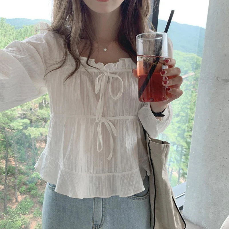 Fashoin New Vintage Loose White Blouse Women Casual Long Sleeve Ruffled Shirt Tops Fashion Square Collar Solid Lady Shirts 11700 6