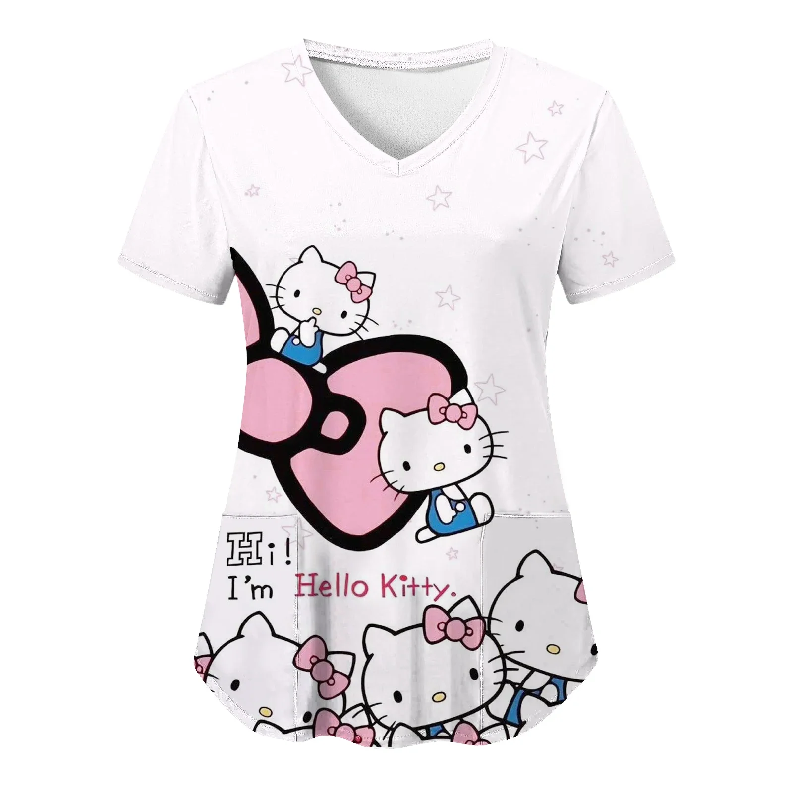 

Hospital Staff Nurse Uniform Women's Hello Kitty Printing Casual Short Sleeve V Neck Paramedic Tops Medical Uniform Supplies