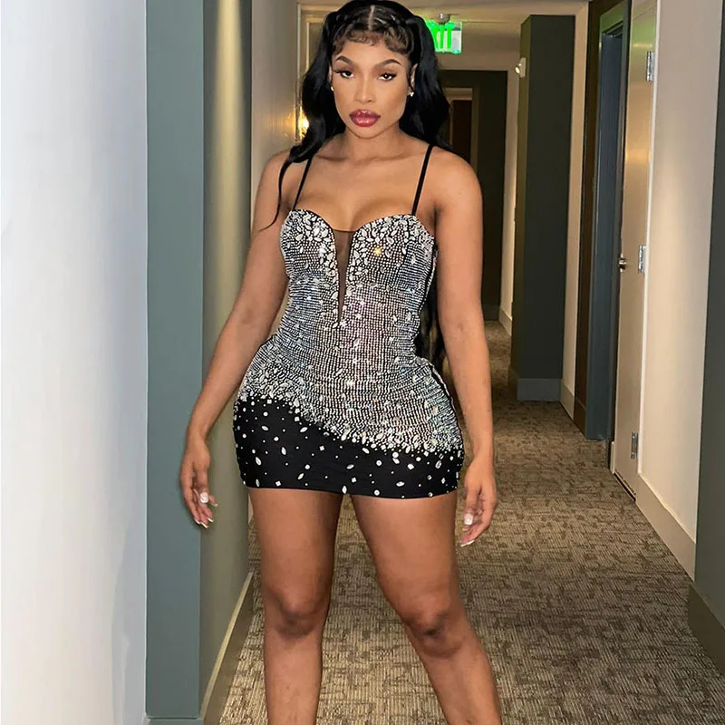 

Sexy Sparkly Crystal Rhinestone Birthday Dress for Women Spaghetti Straps Backless Party Dress Elegant Midnight Club Mini Dress
