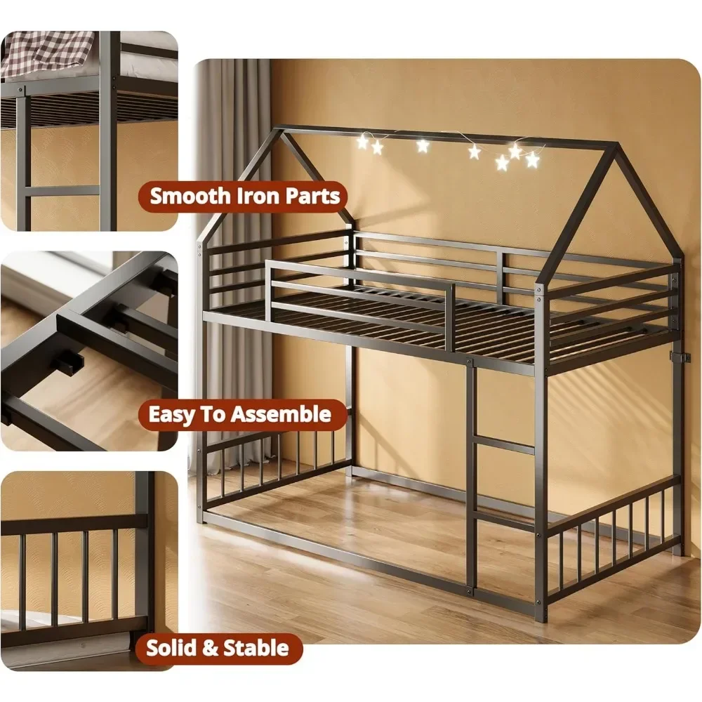 Bunk Beds Twin Over Twin, House Bunk Bed Frame with Ladder and Guardrail, House Shaped with Metal Slats Bunk Beds for Kids 2