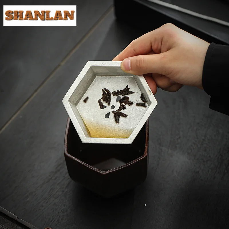 300ml Handamde Tin Covered Ceramic Tea Wash Basin Hexagonal Silent Color Pot Bearing Holder Small Tea Residue Separation Tank