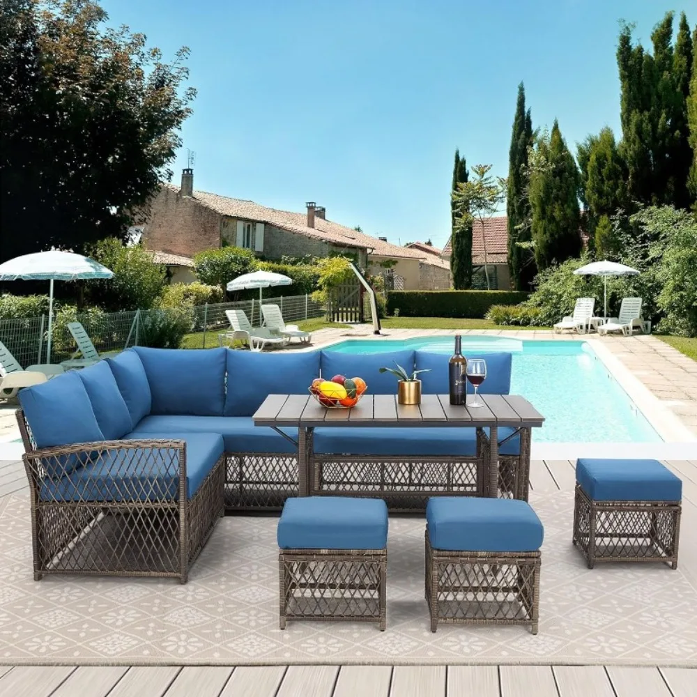 Patio Furniture Set 7 Pieces Wicker Outdoor Sectional Sofa High Table Chairs PE Rattan Conversation Dining Set