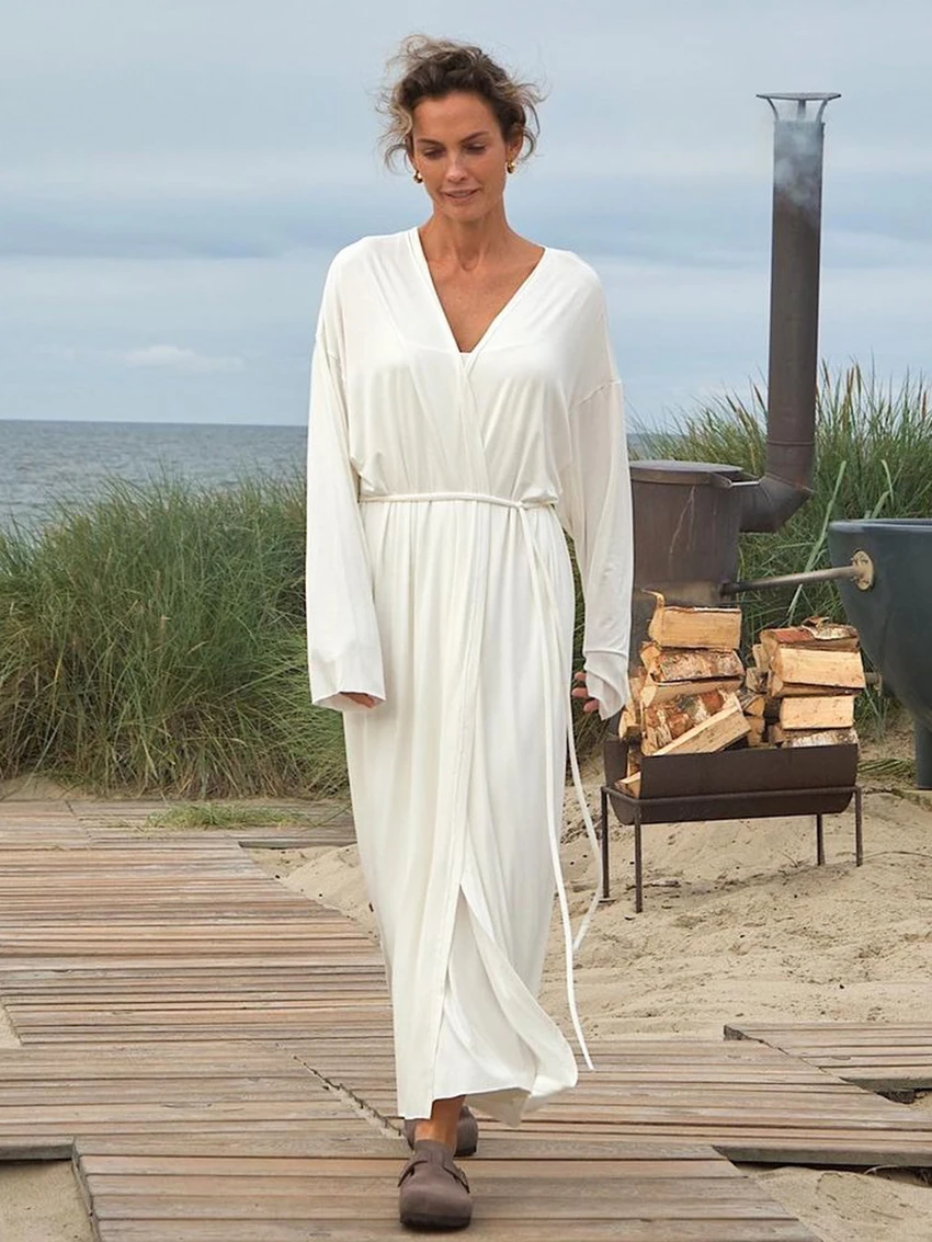 Marthaqiqi Sexy Women Nightgowns Suit Spaghetti Strap Sleepwear Long Sleeve Bathrobe V-Neck Robe Ankle-Length Dress Home Clothes