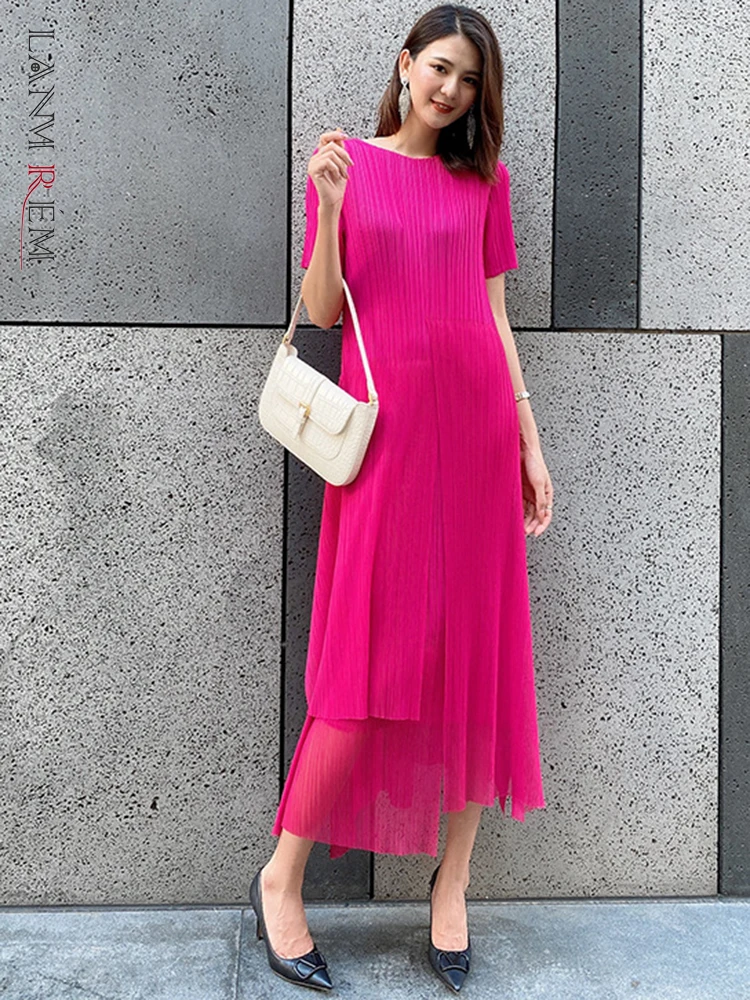 LANMREMPleatedThinDressRoundNeckShortSleevesIrregularYarnMesh