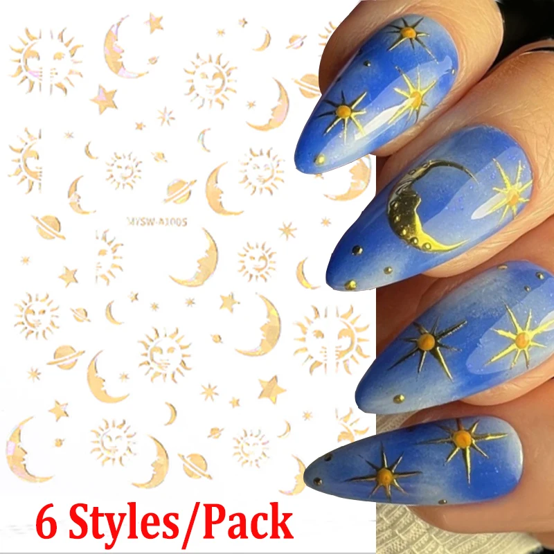 

6 Sheets Moon/Star Nail Art Sticker Adhesive Gold Silver Starry Shapes Nail Design Decals DIY Manicure Art Decoration Sticker