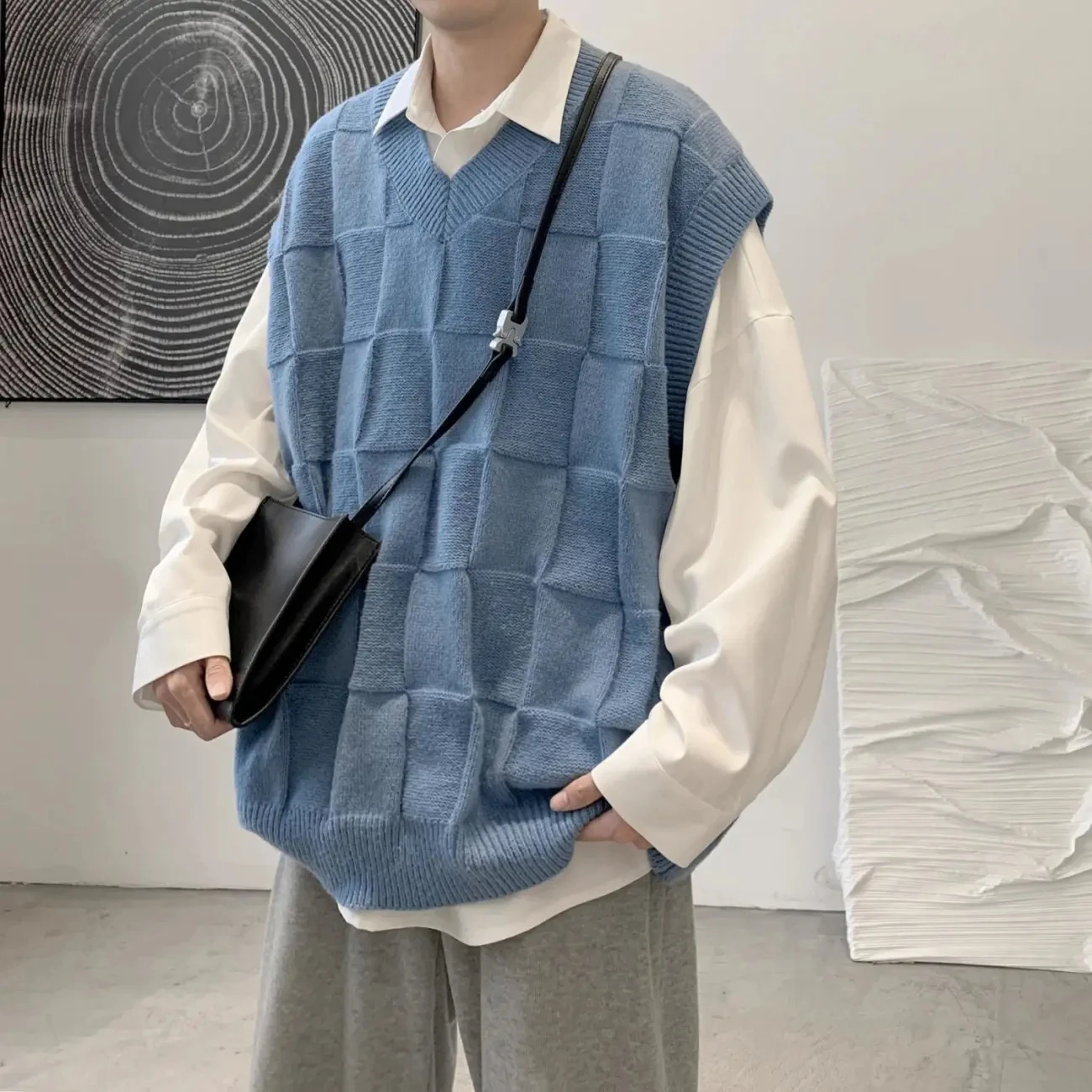 

Retro Vest Solid Tess Patchwork Loose Pullover Casual Fashion Sweater Spring Knitted Top Autumn Student Preppy Gentle Men Style