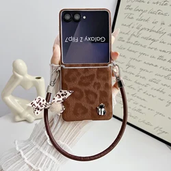 Luxury Litchi Striae PU Leather Phone Case with Lanyard - Premium Hard Back Cover - Galaxy Z Flip5 (Light brown)