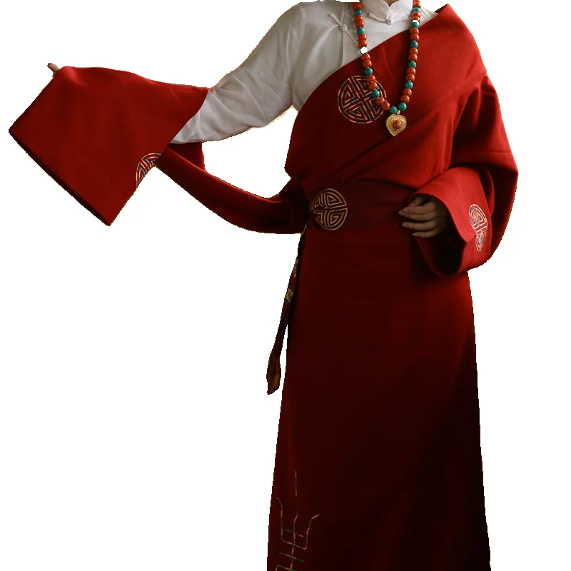 Tibetan Clothing Female Red Embroidery Tibet Robe Tourism Minority Style Dancing Dress