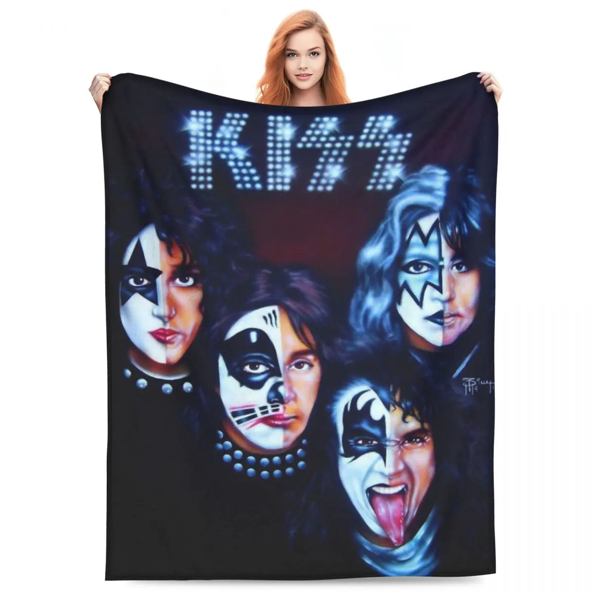 

Super Warm Blankets Travel Kiss Music Band Bedding Throws Funny Face Flannel Bedspread Couch Chair Printed Sofa Bed Cover