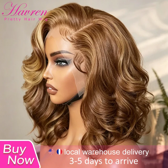 Perruque Bob en cheveux humains Remy, frontale en dentelle HD 13x4, avec mèches P4/27 Ombré, blond miel, pré-épilée, ondulation Body Wave 1