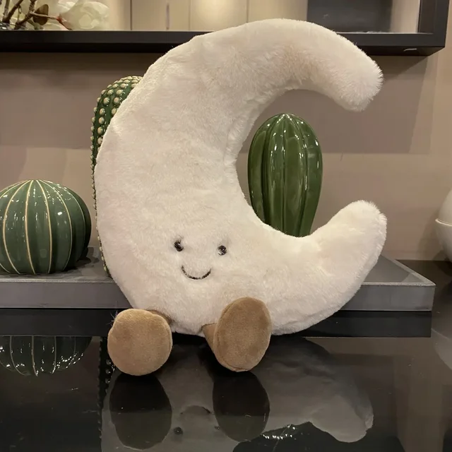 Cute smiley face White Moon Yellow Sun plush cute cartoon weather plush toy bedroom decoration sofa throw pillow