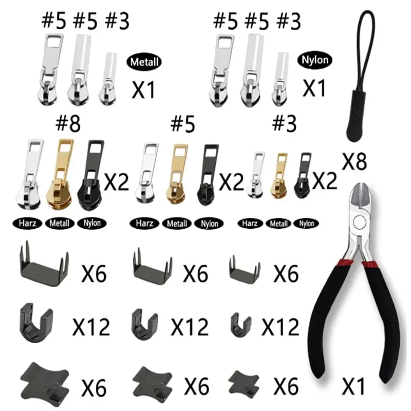 105 개/몫 지퍼 수리 키트 당겨 슬라이더 액세서리 펜치 상단 하단 끝 금속 수..