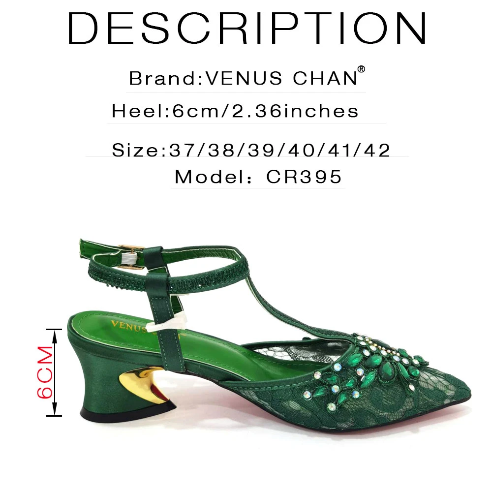 2023 New Mary Jane Design African Women Shoes and Bag Set Green Color with Shinning Crystal for Wedding Party