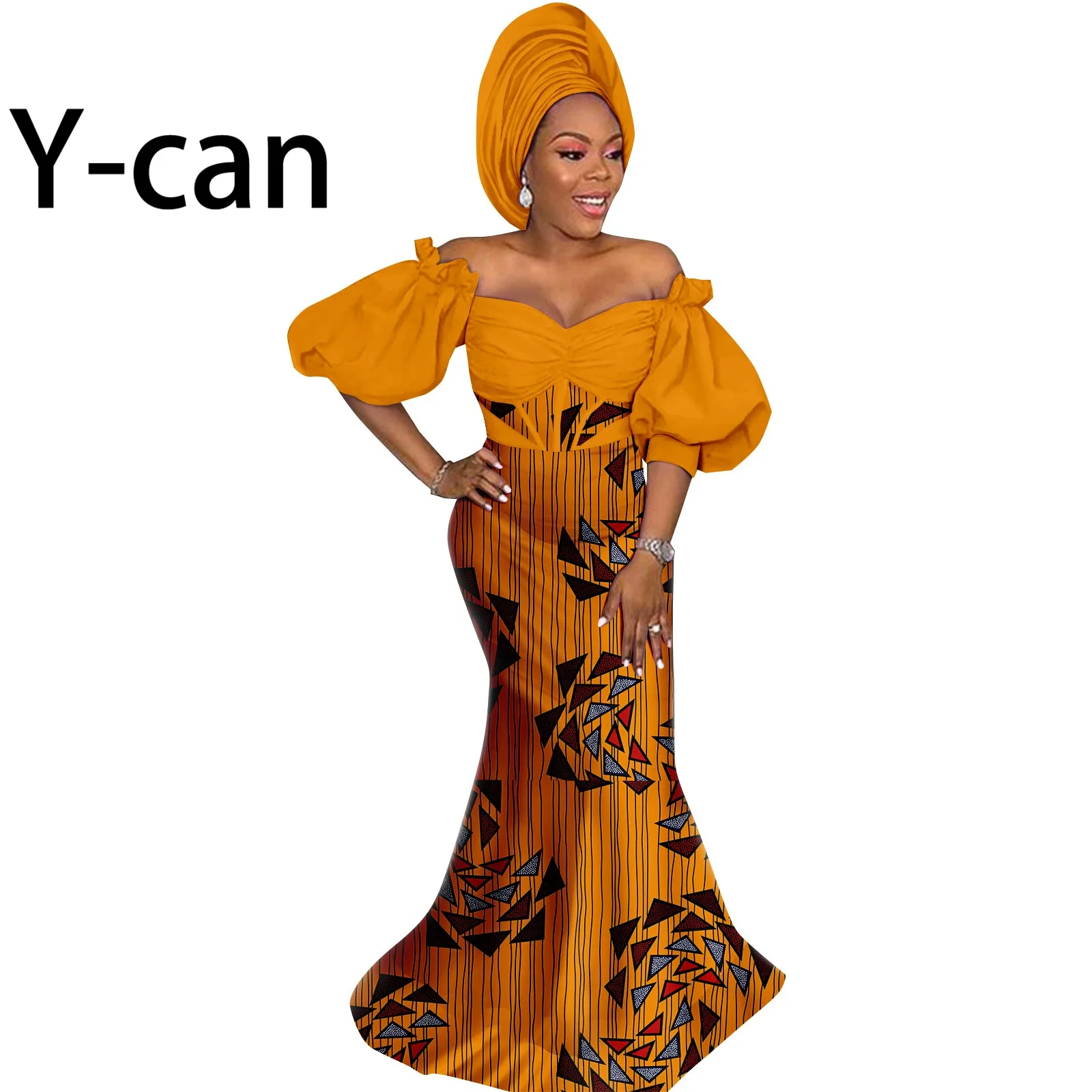 African Party Dresses for Women Dashiki Wax Print One Shoulder Ball Gown Match Headscarf Bazin Riche Lady Sexy Outfits Y2225041