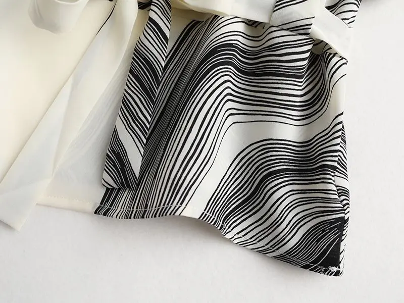 Schwarzer Wirbel gestreifter Druck Vintage Chiffon O-Ausschnitt Kurzarm Schnürung Frauen Bluse Hemd weibliche Tops Frau Kleidung Mode – Detail 12