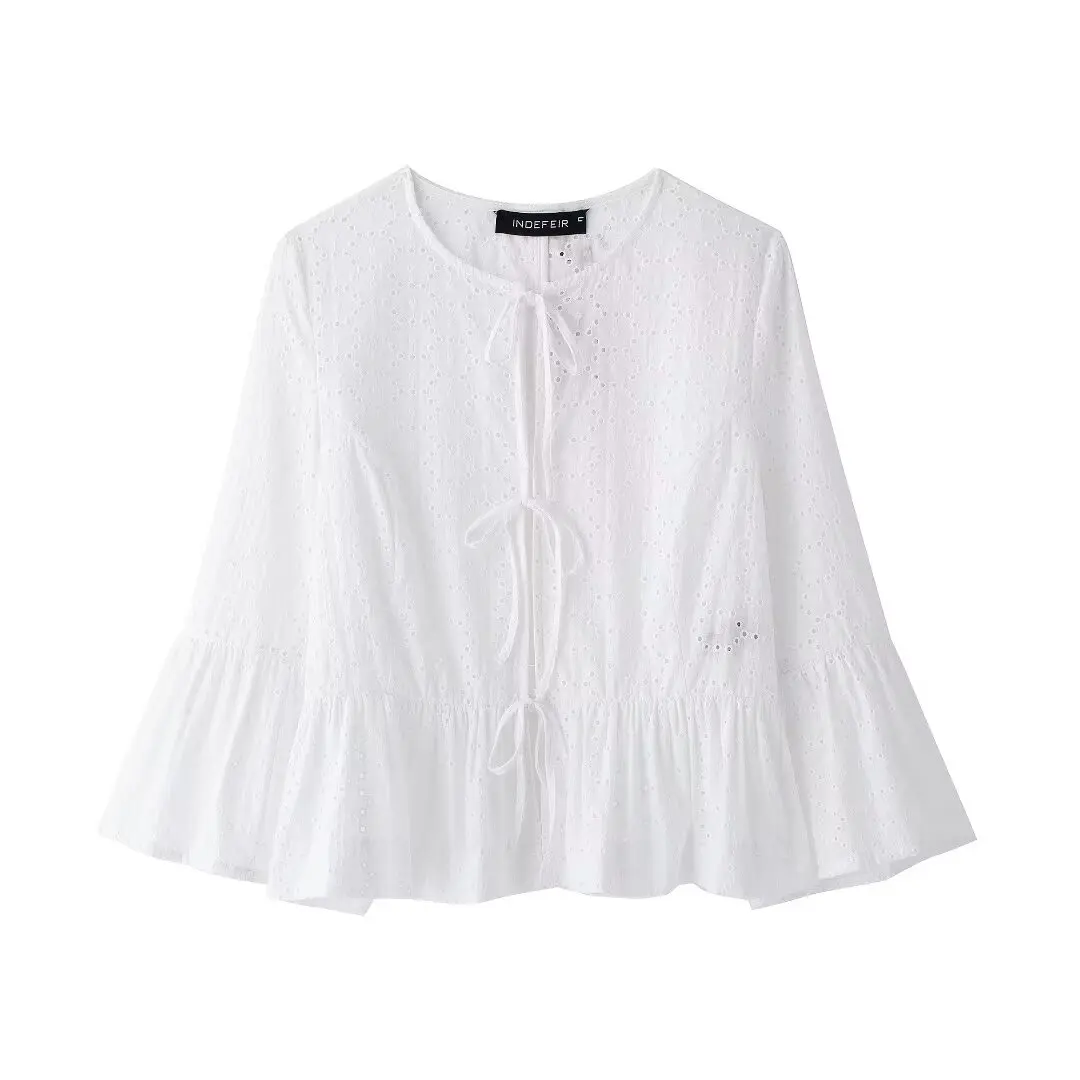 thumbnail image 1 of HH TRAF Conjunto de 2 piezas de verano para mujer, camisa ajustada lisa de manga larga bordada con cuello redondo y parte superior con cordones + pantalones cortos elegantes de diseño hueco para mujer, 1 of 5