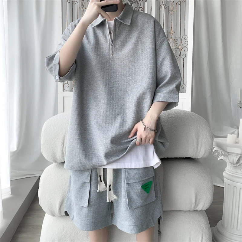 Short Sleeve Polo Shirts+Shorts Fashion Waffle Loose Casual Men's Sets Simple Turn Down Collar Streetwear Green Plus Size 5XL-M